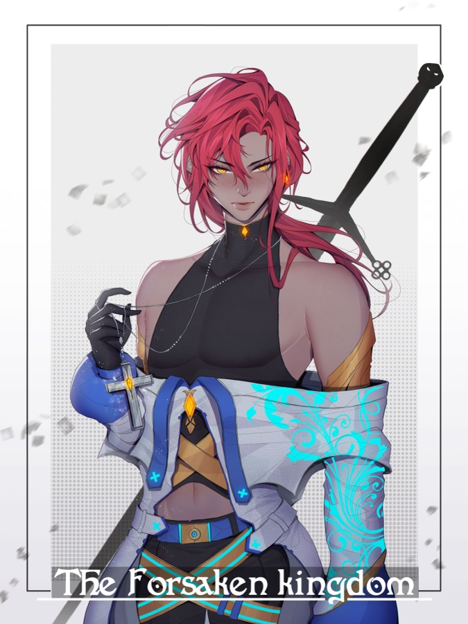 Cover of The Forsaken Kingdom: a red-haired swordsman with golden eyes, a greatsword across the shoulder, holding a cross pendant.