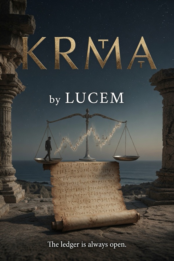Cover of KRMA by Lucem: a balance scale and an unrolled scroll of glowing script between temple columns above a moonlit sea.