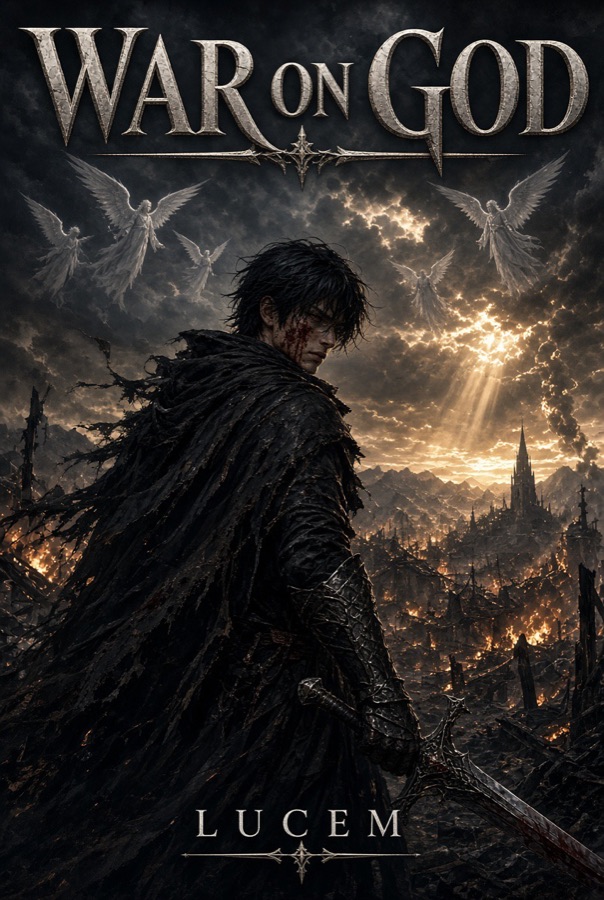 Cover of War On God by Lucem: a dark-cloaked swordsman on a burning battlefield beneath angels in a broken sky.